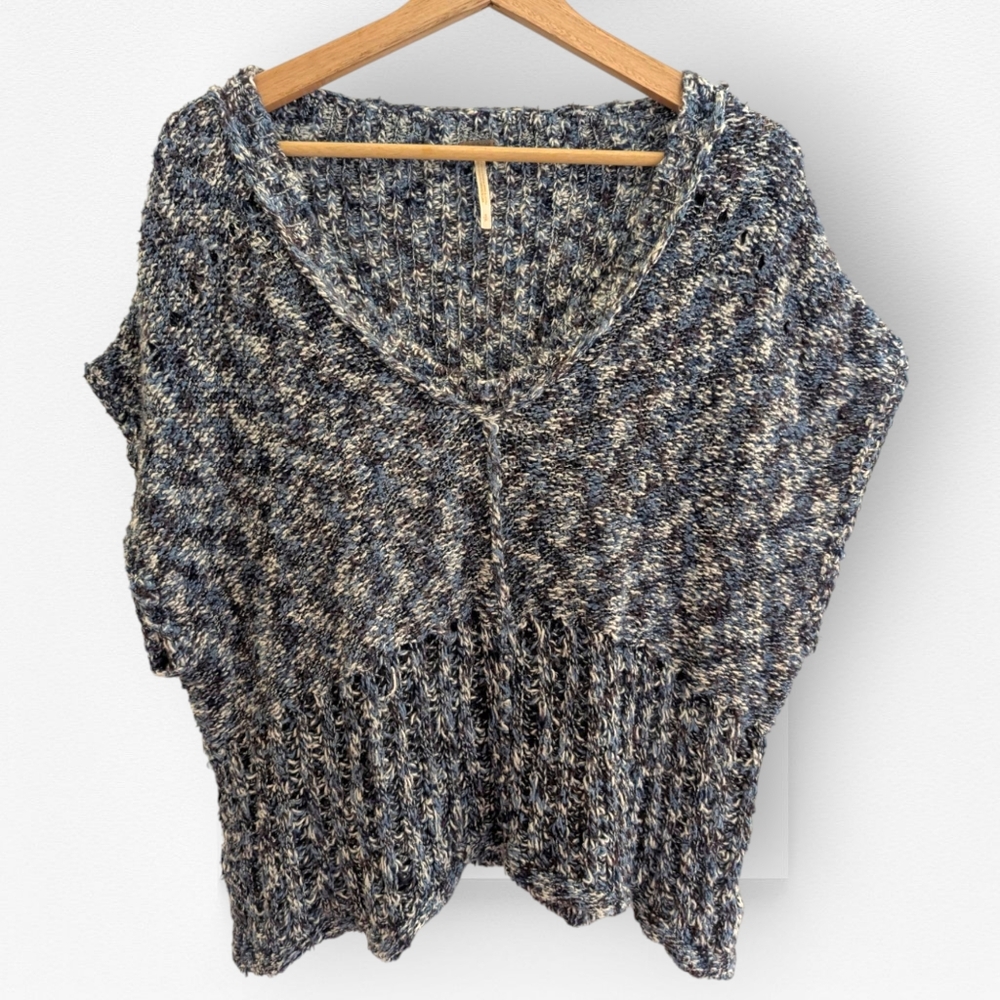 Free People Sweater Oversized Deep V Neck Short Sleeve Blue White Small
